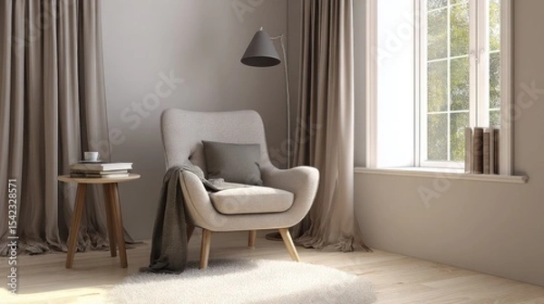 Obraz reading corner interior, soft armchair, floor lamp, small side table with books, cozy rug, window with flowing curtains 