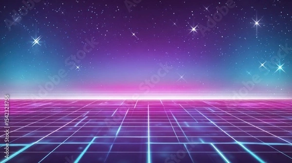 Obraz Retro-inspired vaporwave gradient background with glowing grid lines, magenta and electric cyan blend, subtle digital stars, nostalgic 80s sci-fi vibe