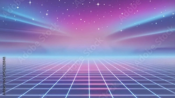 Obraz Retro-inspired vaporwave gradient background with glowing grid lines, magenta and electric cyan blend, subtle digital stars, nostalgic 80s sci-fi vibe