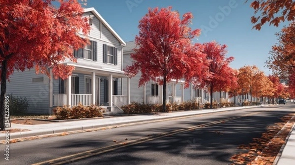 Obraz row of identical townhouses with red and orange trees lining the street, fallen leaves on the road, crisp autumn light, cozy suburban vibe, sharp details 