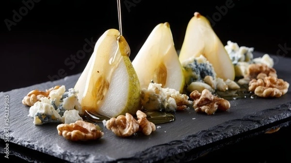 Obraz sliced pear artfully arranged with blue cheese and walnuts, honey dripping slowly over the top, on a dark slate plate, dramatic lighting, luxury gourmet style