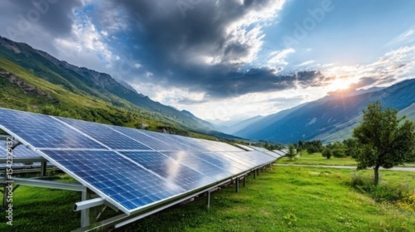Obraz solar panel farm in picturesque mountain valley, clean energy concept, green meadows, dramatic sky, realistic sunlight reflections on panels