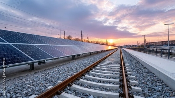 Obraz solar panels installed alongside modern railway track, industrial yet clean aesthetic, sunrise atmosphere, long perspective