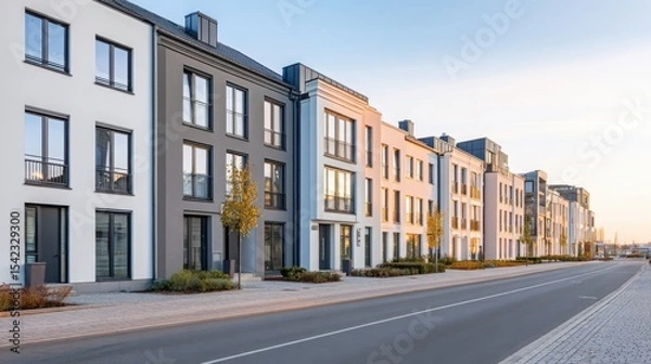 Obraz street with identical modern townhouses in minimalist Scandinavian style, early morning light, empty road, soft shadows, warm glow on facades, clear sky