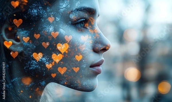 Obraz Woman's Profile Portrait with Orange Hearts and Blue Lights Overlay