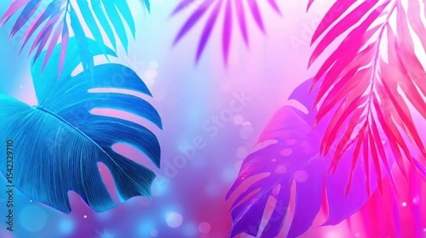 Obraz Vibrant tropical leaf silhouettes against a vivid neon gradient background, colors blending from electric blue to hot pink, sharp outlines and soft fog