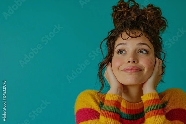 Obraz Woman Smiling With Curly Hair In A Colorful Sweater Against A Teal Background