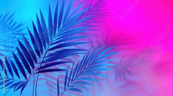Obraz Vibrant tropical leaf silhouettes against a vivid neon gradient background, colors blending from electric blue to hot pink, sharp outlines and soft fog