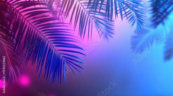 Obraz Vibrant tropical leaf silhouettes against a vivid neon gradient background, colors blending from electric blue to hot pink, sharp outlines and soft fog, Miami-style glow 