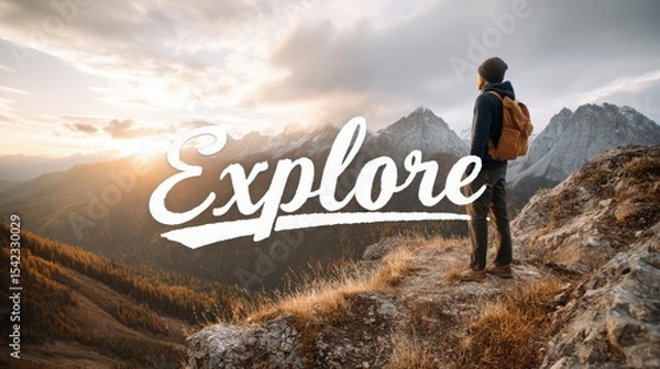 Obraz Wide-angle shot of a hiker standing on a cliff edge looking out over a vast mountain range, dramatic clouds and golden hour light, dynamic and inspiring