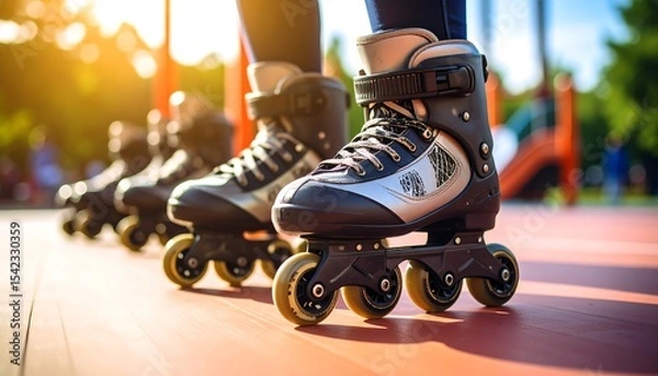 Obraz Rollerblading in park with sunset.