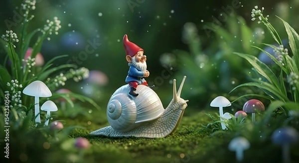 Obraz Charming Garden Gnome Riding a Snail Shell through Lush Green Foliage and Mushrooms