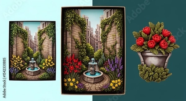Obraz Charming Courtyard Fountain Scene:  Sculptural Floral Art,  Italian Architecture, Garden Decor