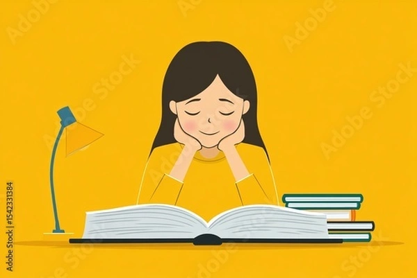 Obraz Young Girl Reading Book At Desk, Yellow Background, Pixel Art Illustration