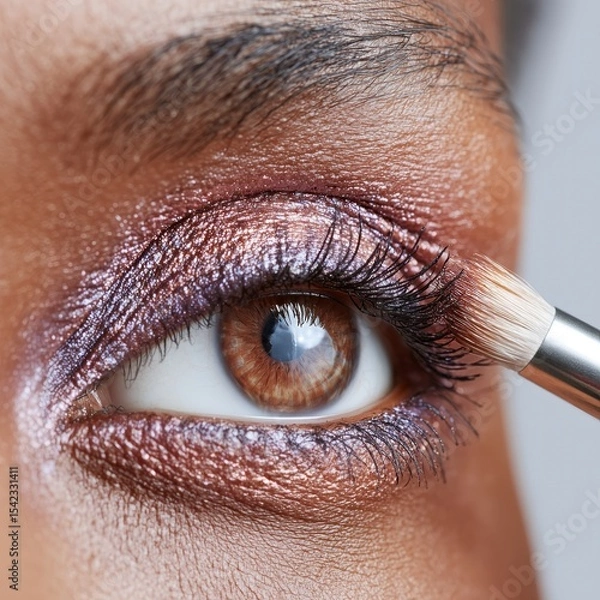 Fototapeta Close-up of a woman's eye with a makeup brush applying copper eyeshadow. Closeup of the face and brown eyes
