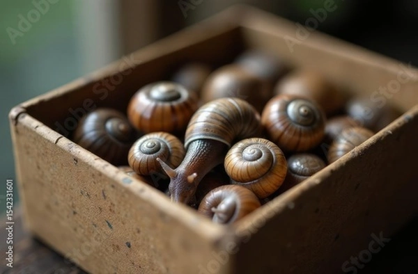Obraz snails in a wooden box, ingredients. French cuisine. seashells