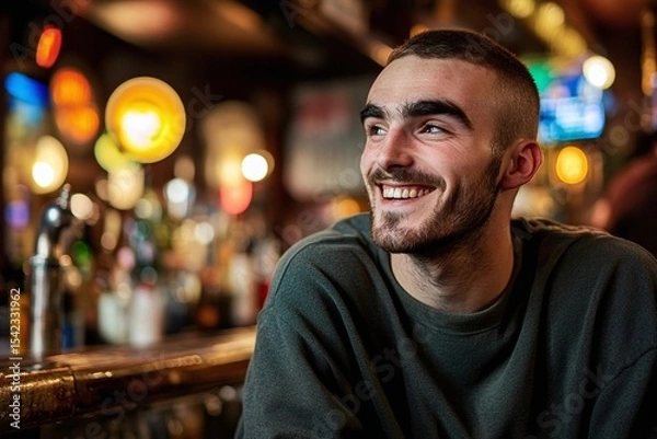 Obraz Young Man Smiling In A Pub At Night