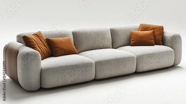 Fototapeta Modern Grey Modular Sofa with Walnut Accents and Orange Cushions