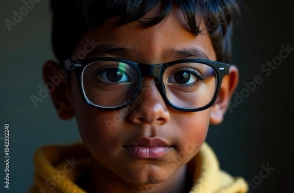 Obraz portrait of a dark-skinned boy with glasses, eyesight, optics
