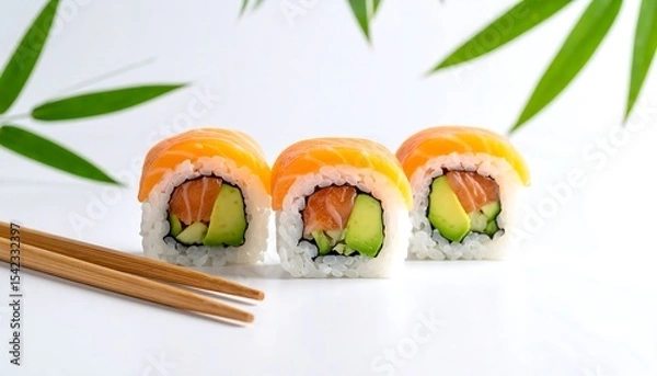 Obraz Salmon Sushi Rolls with Bamboo Leaves.