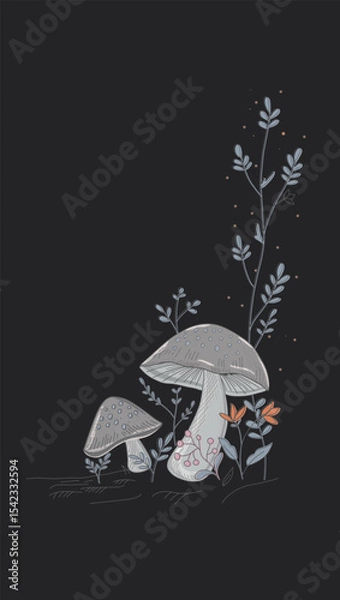 Fototapeta Mushroom illustration on dark background. Botanical vector graphic