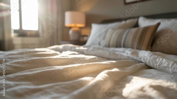Fototapeta Cozy sunlit bedroom with soft bedding and warm lamp light