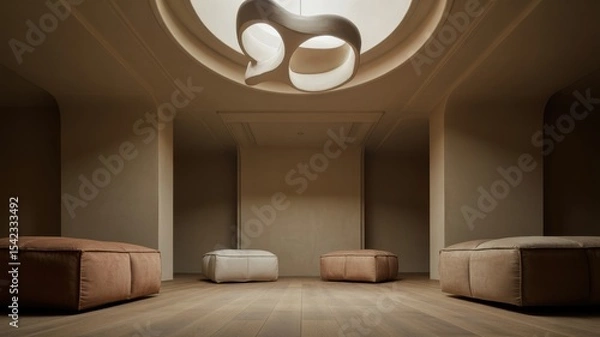 Fototapeta Minimalist lounge with modern lighting and neutral poufs