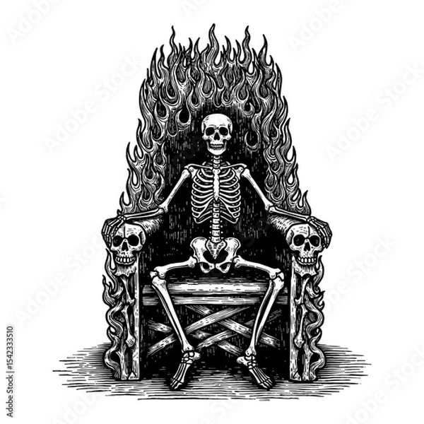 Fototapeta Skeleton Sitting on Empty Throne Made of Fire Black and White Outline Line Art Drawing Illustration