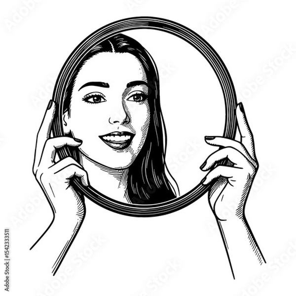 Fototapeta Smiling Female Face Reflection in Round Mirror Held by Hands Black and White Outline Line Art Drawing