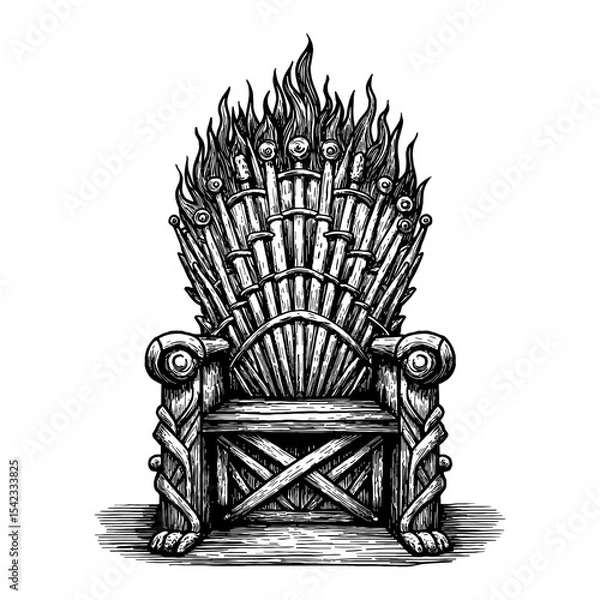 Fototapeta Empty Fire Throne Black and White Outline Line Art Drawing of a Powerful Fantasy Royal Seat