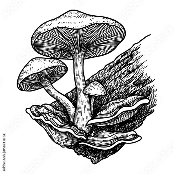 Fototapeta Tree Fungi Mushrooms Growing on Wood Log Black and White Outline Line Art Drawing Engraving Style