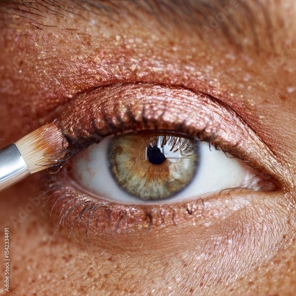 Fototapeta Close-up of a woman's eye with a makeup brush applying copper eyeshadow. Closeup of the face and brown eyes