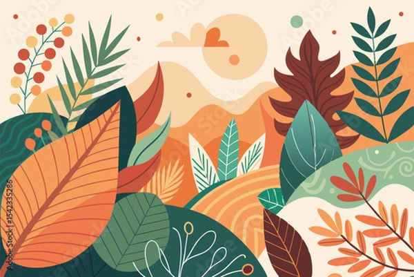 Fototapeta Abstract Nature Background with Organic Shapes and Leaves – Boho Style Vector,