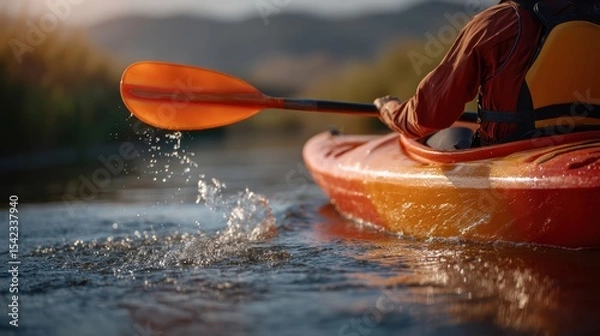 Fototapeta Kayaker with orange paddle on waters edge