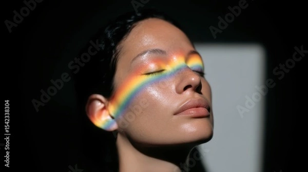 Obraz Female Portrait with Rainbow Reflection on Face in Dramatic Light