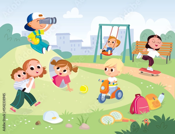 Fototapeta Children playing in the park. Playground with kids. Group of kids playing on playground spending time in games, having fun, fooling around  kids swinging. Summer activities. School yard. Summer camp.