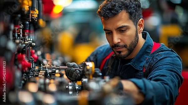 Fototapeta Focused Mechanic Inspecting Machinery