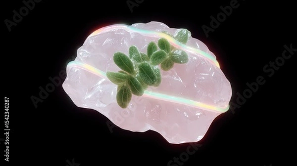 Obraz Glowing Crystal Stone with Green Plant Elements and Colorful Lights