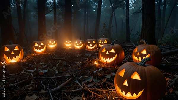Fototapeta A circle of pumpkins with terrifying faces performing a ritual in the woods, their flames forming ghostly shapes in the air'.