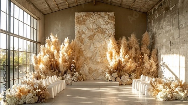 Fototapeta Elegant Pampas Grass Wedding Ceremony Setup in Rustic Loft