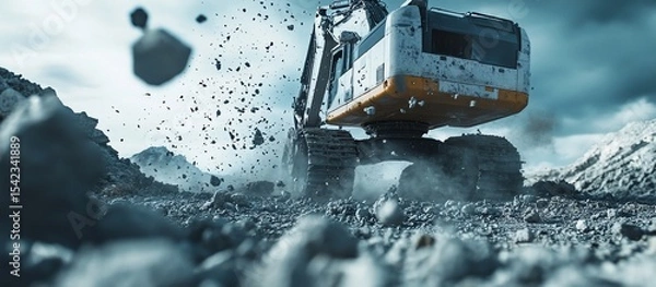 Fototapeta Excavator in Action: Powerful Machine Moving Rocks and Earth in a Quarry