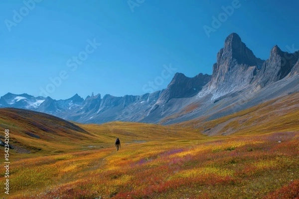 Fototapeta A solitary traveler discovers vibrant alpine meadows nestled among majestic mountains under a clear azure sky