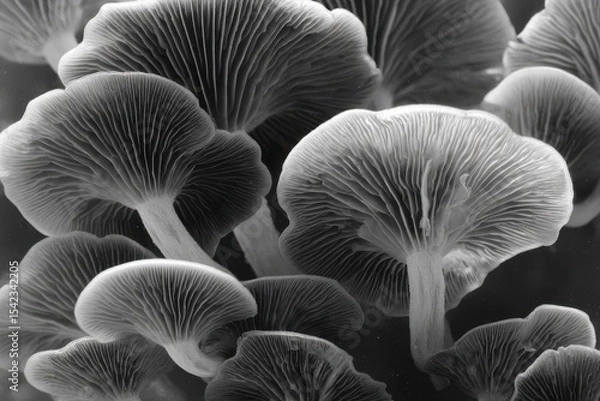 Fototapeta Monochrome mushroom patterns in black and white for artistic natural themes, ideal for minimalist designs and unique creative projects