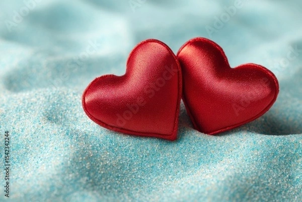 Fototapeta Two elegant red satin hearts on a tranquil blue sandy beach ideal for romantic themes and love-focused projects, evoking emotion and serenity in captivating imagery