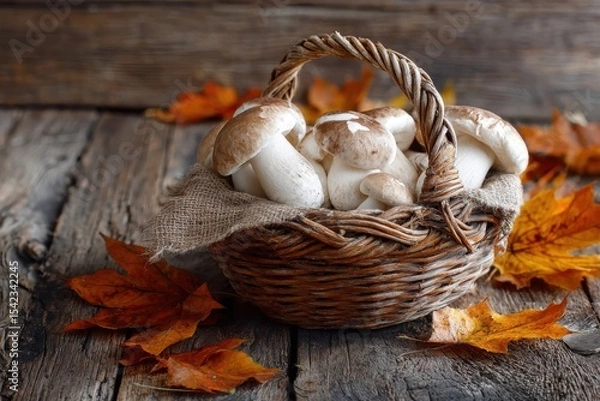 Fototapeta Mushroom picking: fresh white boletus in a wicker basket on rustic wooden table surrounded by colorful autumn foliage for culinary delights and gourmet dishes