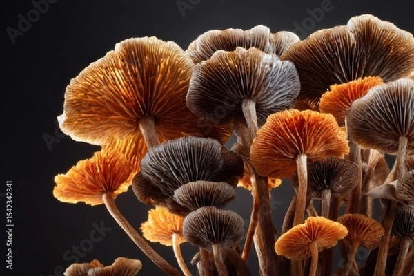 Fototapeta Mushrooms on dark canvas: striking fungi imagery for foodies and nature lovers seeking unique culinary inspirations
