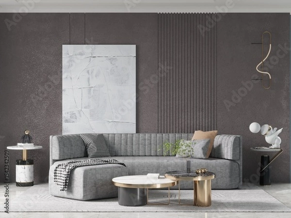 Fototapeta Mock up of a stylish living room with an original design with a wonderful comfortable sofa and a trendy decorative background, 3D rendering.