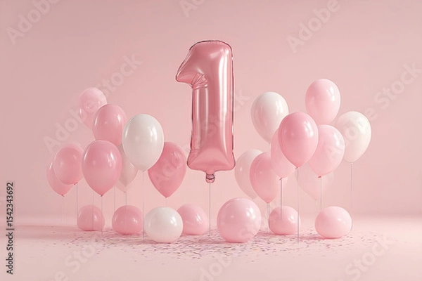 Fototapeta Rose Gold Number One Balloon with Pink and White Balloons on Pink Background