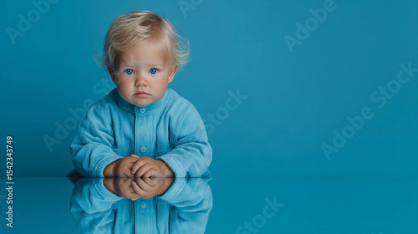 Fototapeta Serious Toddler with Blond Curly Hair in Blue Onesie Reflected on Blue Surface