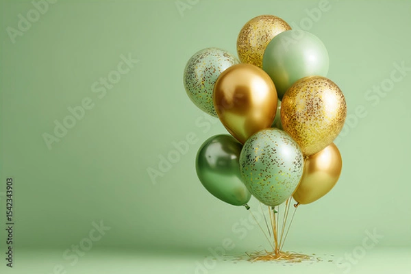 Fototapeta Glossy Gold and Sage Green Balloons with Confetti on Sage Green Background